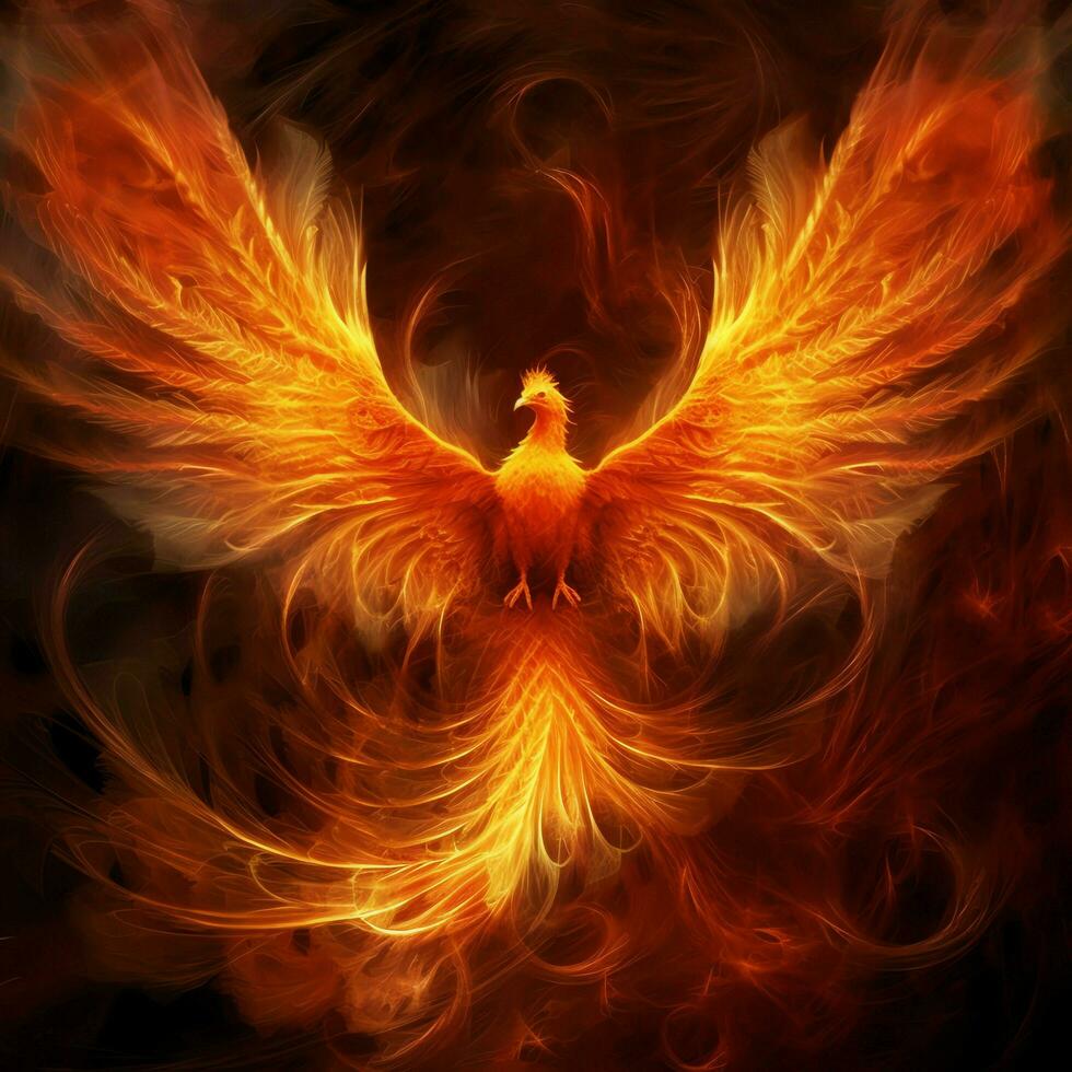 Phoenix bird with outstretched wings rising burning in flames. Epic phoenix bird fire rebirth power concept by AI Generated photo