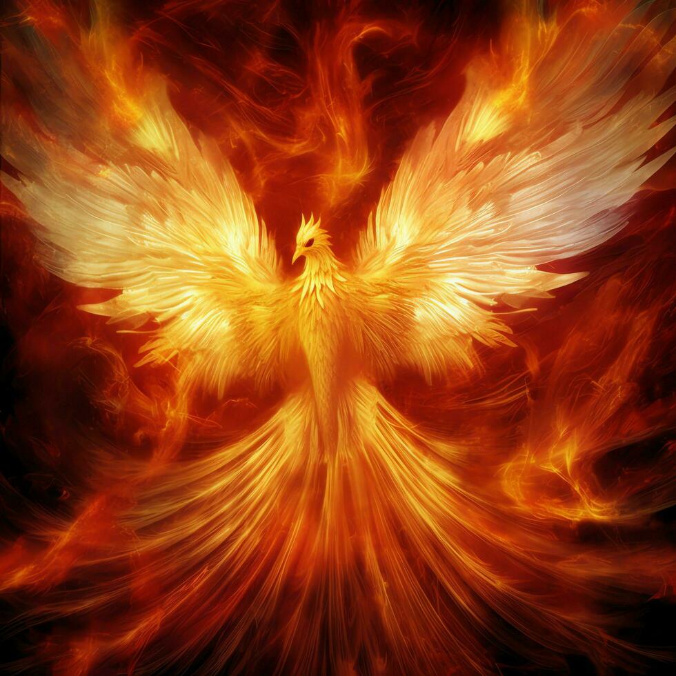 Phoenix bird with outstretched wings rising burning in flames. Epic phoenix bird fire rebirth power concept by AI Generated photo