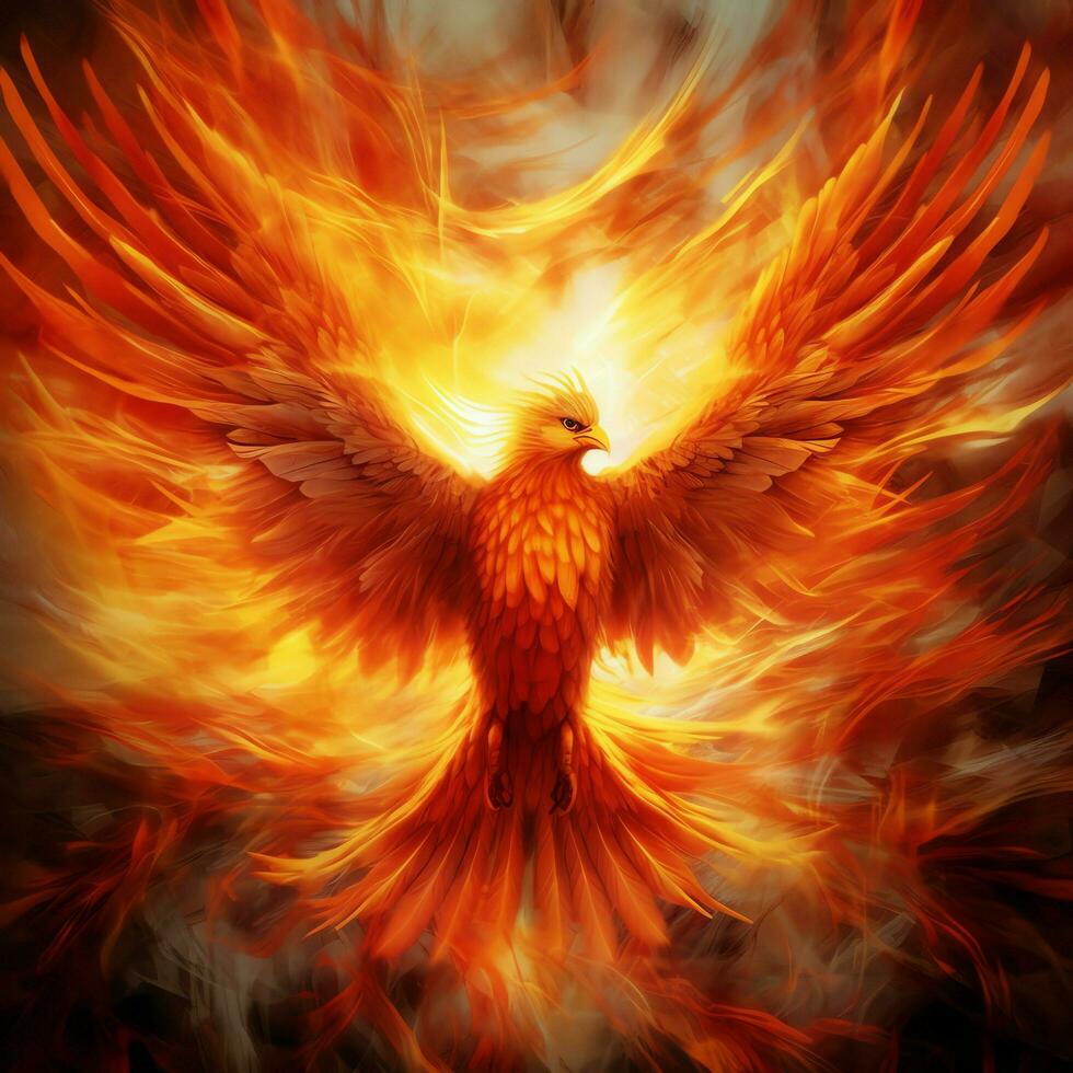Phoenix bird with outstretched wings rising burning in flames. Epic phoenix bird fire rebirth power concept by AI Generated photo