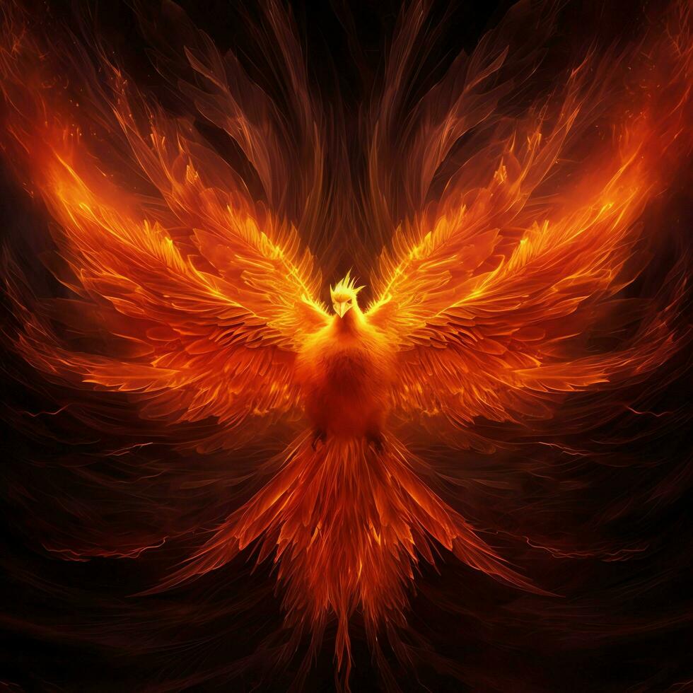 Phoenix bird with outstretched wings rising burning in flames. Epic phoenix bird fire rebirth power concept by AI Generated photo
