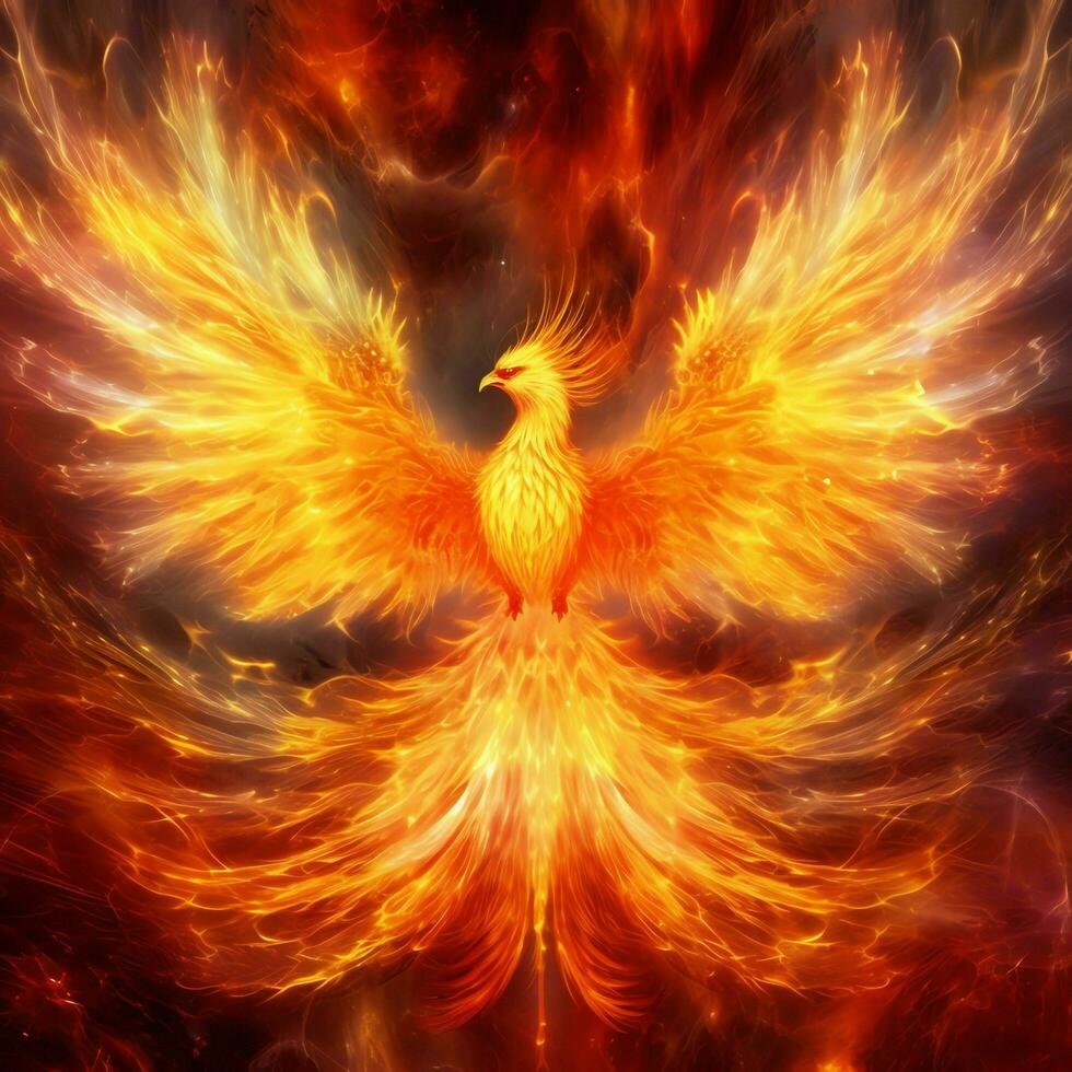 Phoenix bird with outstretched wings rising burning in flames. Epic phoenix bird fire rebirth power concept by AI Generated photo