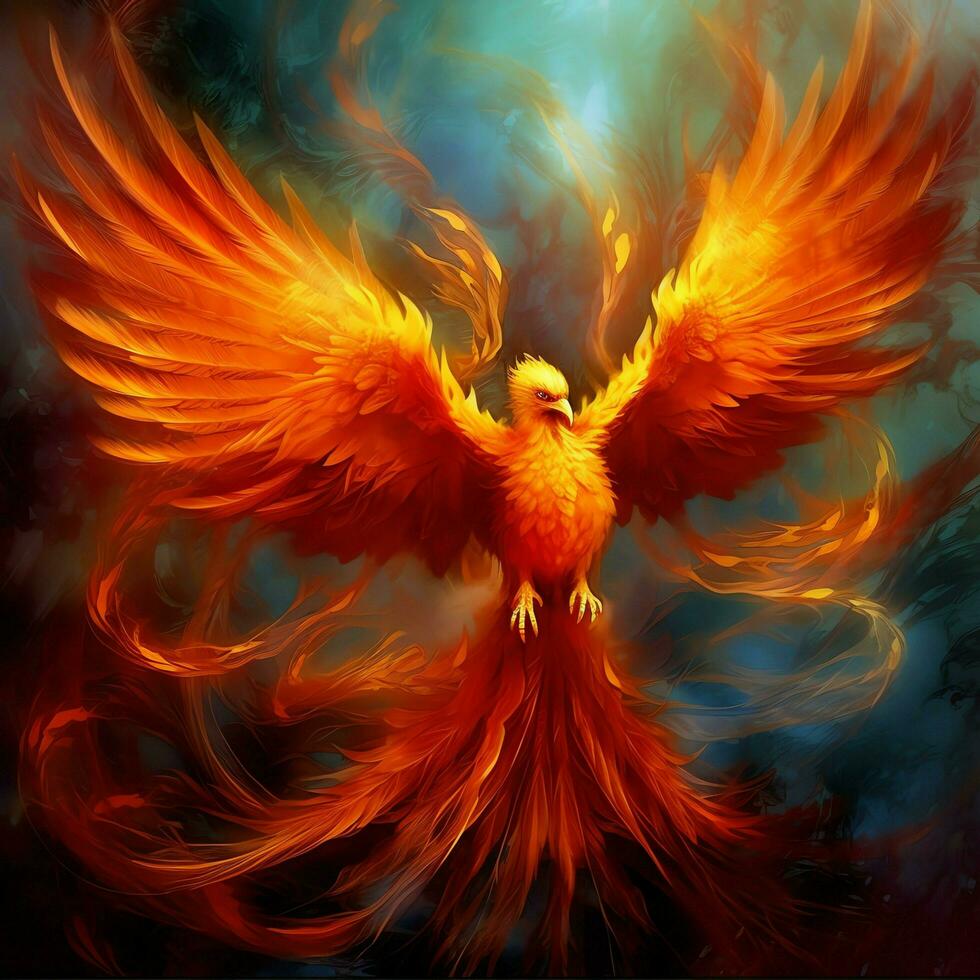 Phoenix bird with outstretched wings rising burning in flames. Epic phoenix bird fire rebirth power concept by AI Generated photo