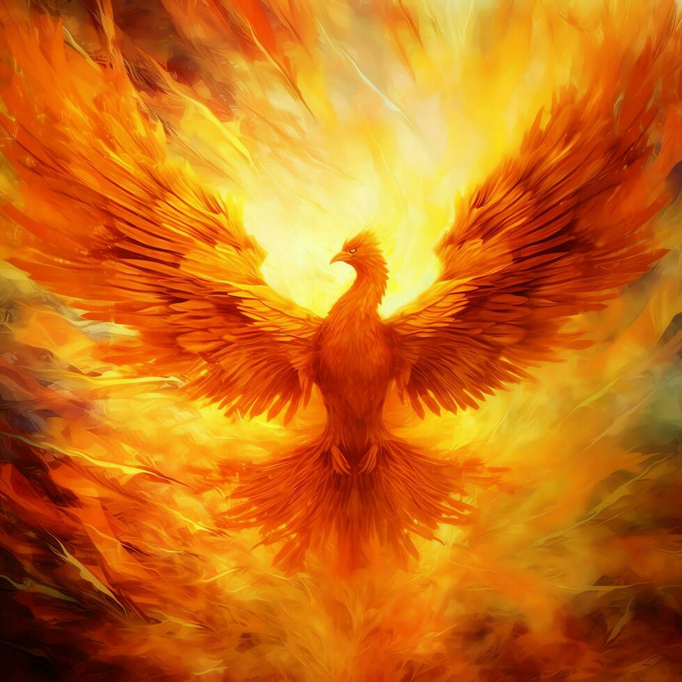 Phoenix bird with outstretched wings rising burning in flames. Epic phoenix bird fire rebirth power concept by AI Generated photo