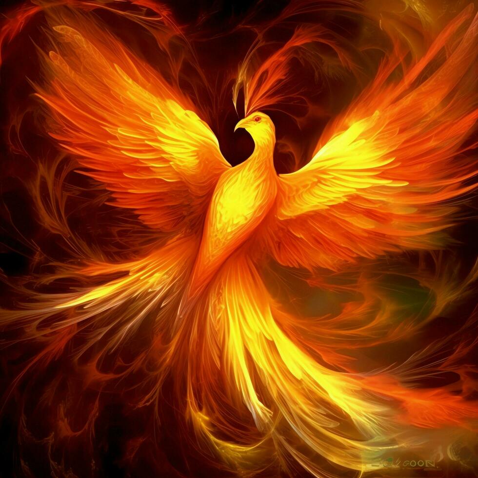 Phoenix bird with outstretched wings rising burning in flames. Epic phoenix bird fire rebirth power concept by AI Generated photo