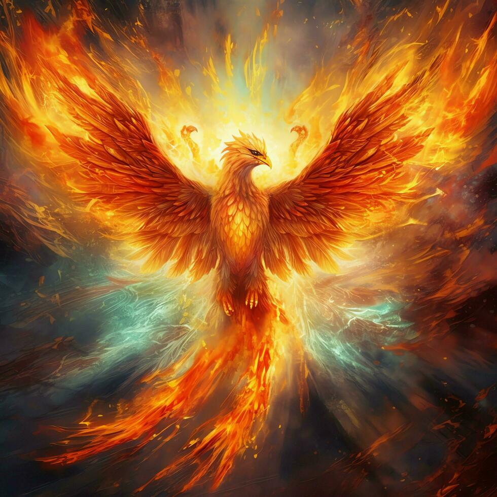 Phoenix bird with outstretched wings rising burning in flames. Epic phoenix bird fire rebirth power concept by AI Generated photo