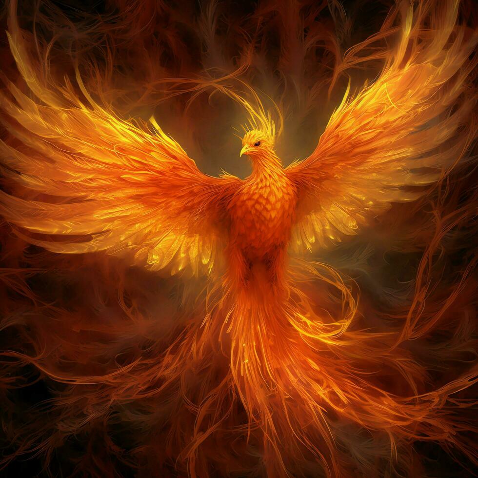 Phoenix bird with outstretched wings rising burning in flames. Epic phoenix bird fire rebirth power concept by AI Generated photo