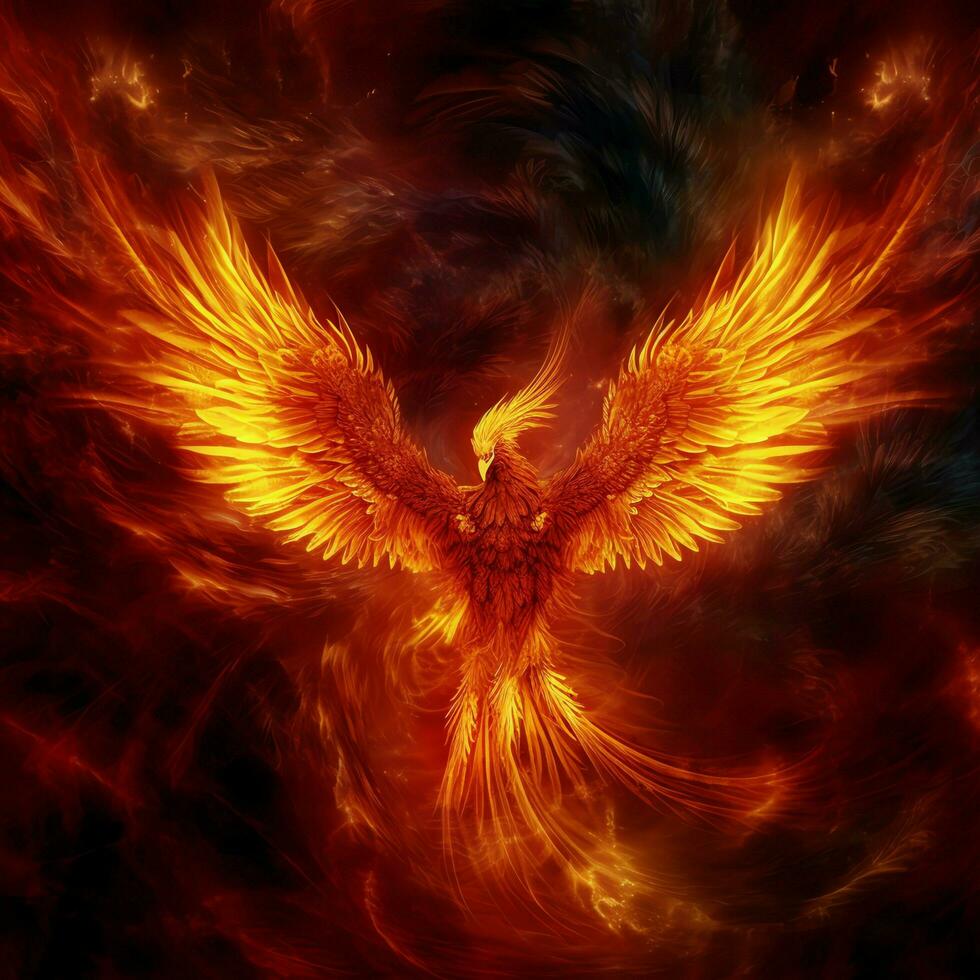 Phoenix bird with outstretched wings rising burning in flames. Epic phoenix bird fire rebirth power concept by AI Generated photo