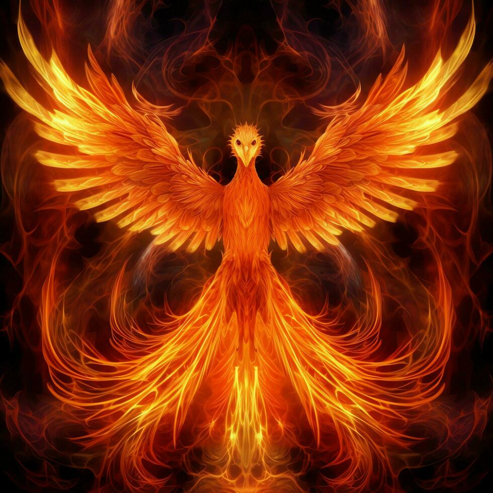 Phoenix bird with outstretched wings rising burning in flames. Epic phoenix bird fire rebirth power concept by AI Generated photo