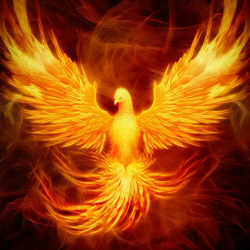 Phoenix bird with outstretched wings rising burning in flames. Epic phoenix bird fire rebirth power concept by AI Generated photo