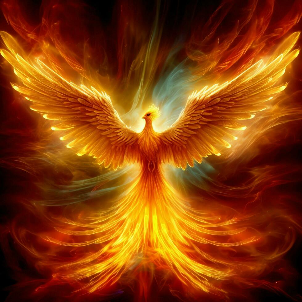 Phoenix bird with outstretched wings rising burning in flames. Epic phoenix bird fire rebirth power concept by AI Generated photo