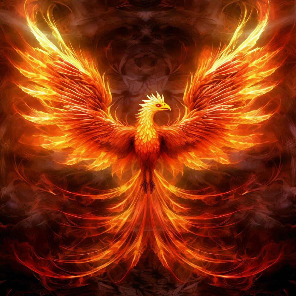 Phoenix bird with outstretched wings rising burning in flames. Epic phoenix bird fire rebirth power concept by AI Generated photo