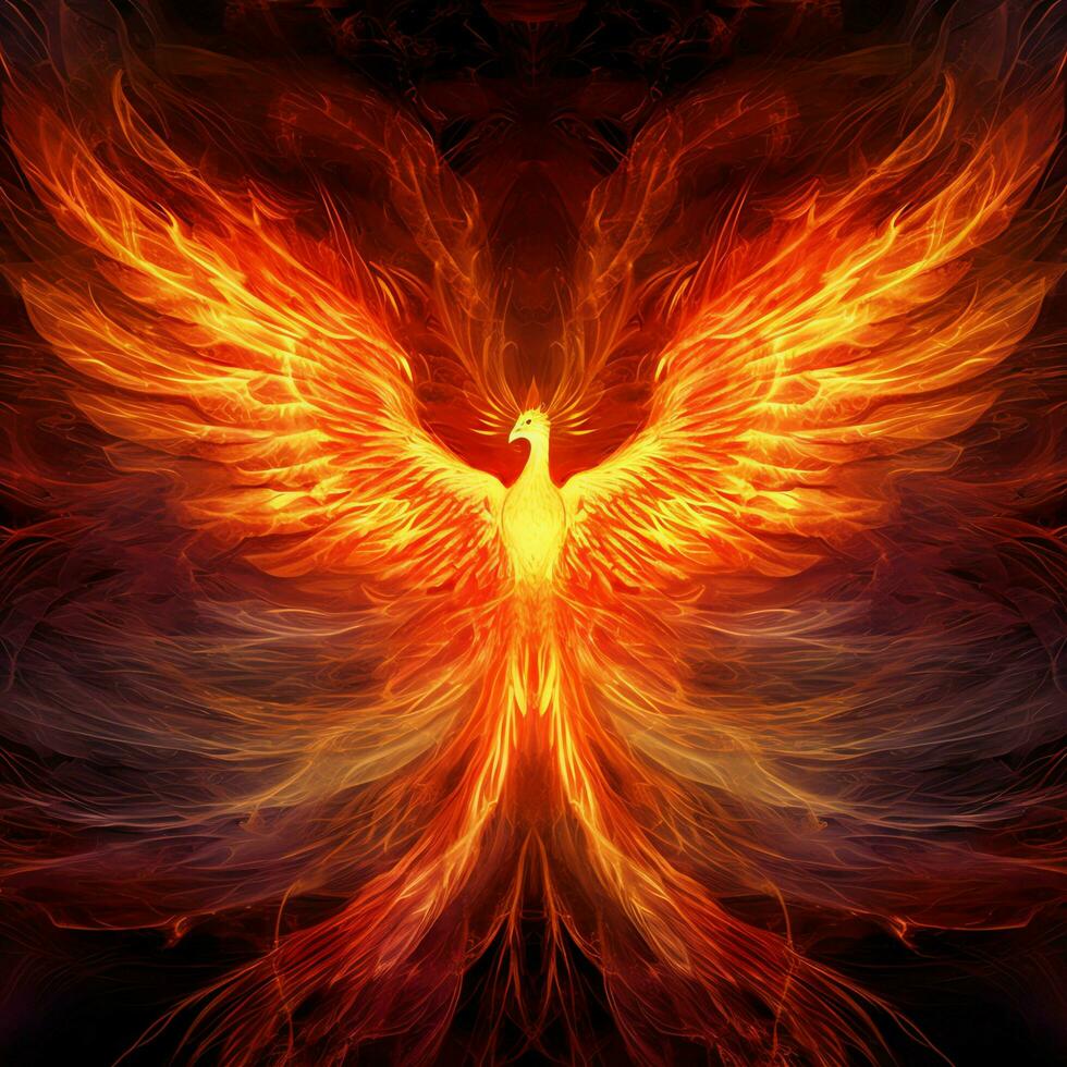 Phoenix bird with outstretched wings rising burning in flames. Epic phoenix bird fire rebirth power concept by AI Generated photo