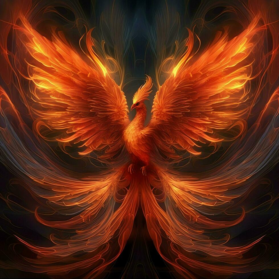 Phoenix bird with outstretched wings rising burning in flames. Epic phoenix bird fire rebirth power concept by AI Generated photo