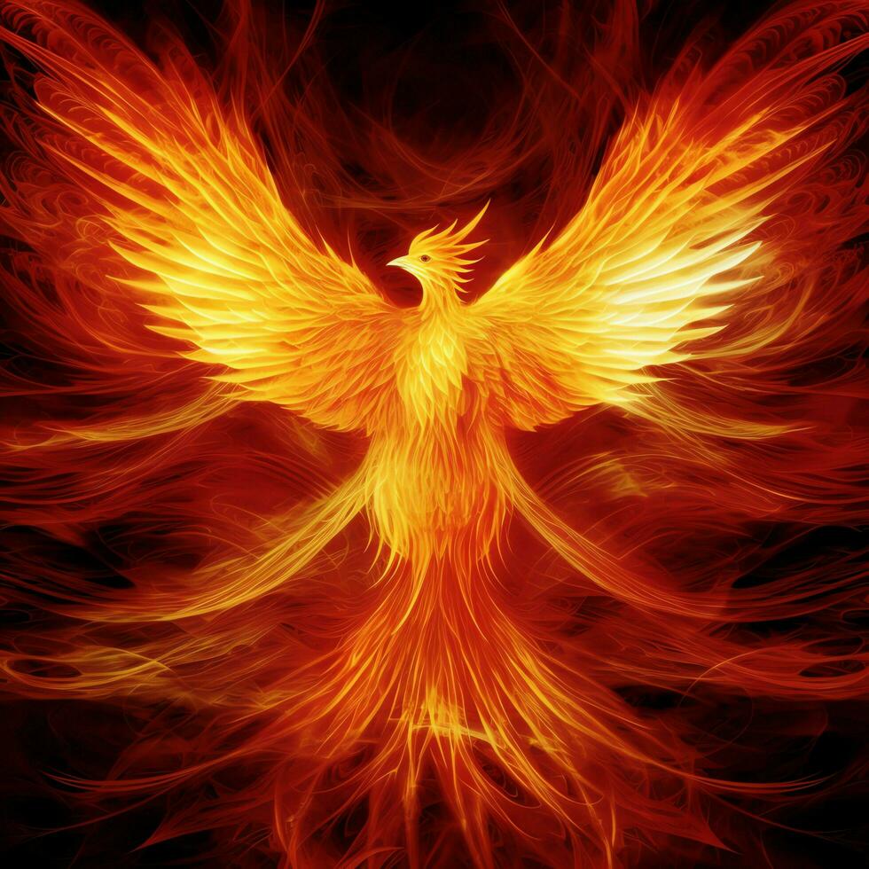 Phoenix bird with outstretched wings rising burning in flames. Epic phoenix bird fire rebirth power concept by AI Generated photo