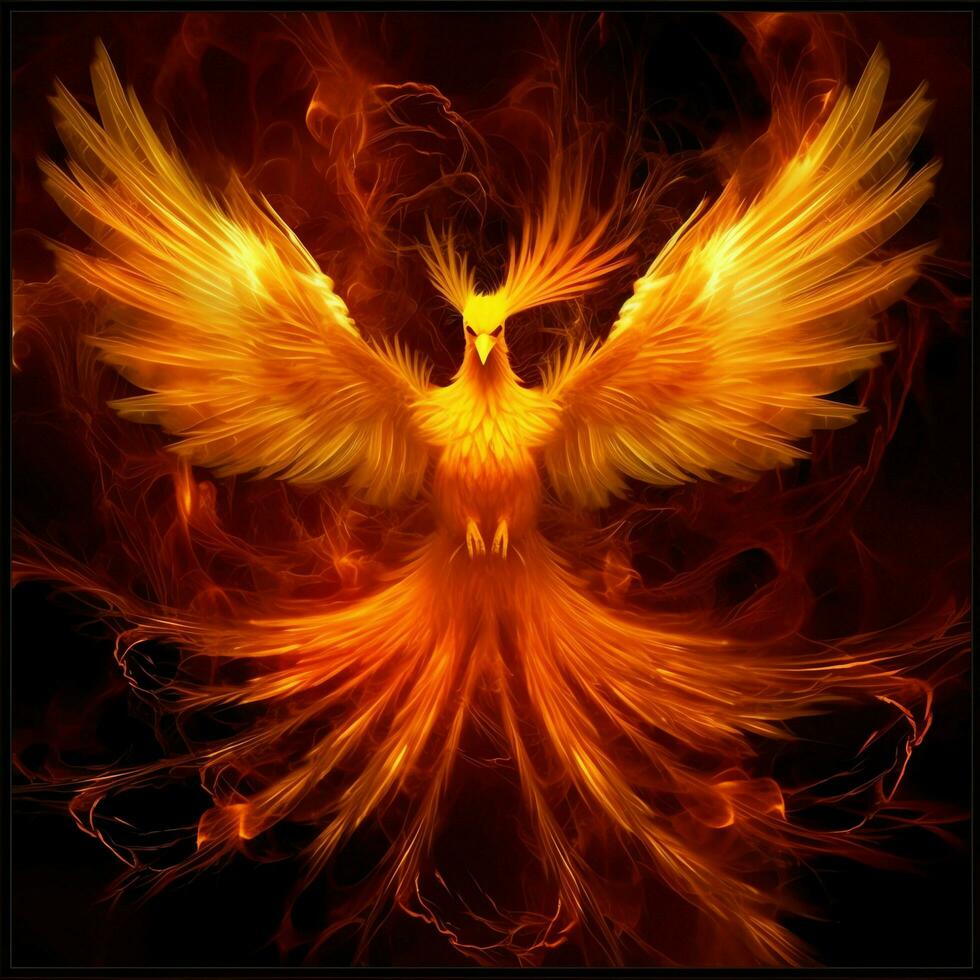 Phoenix bird with outstretched wings rising burning in flames. Epic phoenix bird fire rebirth power concept by AI Generated photo