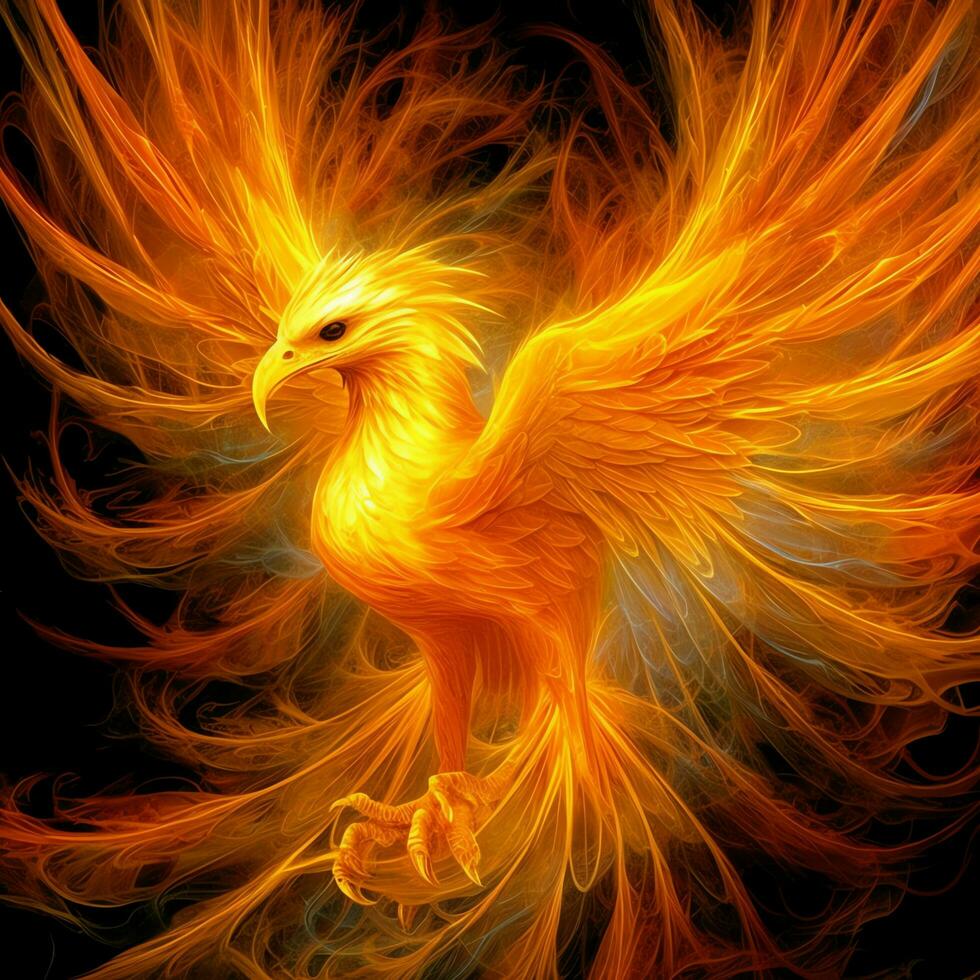 Phoenix bird with outstretched wings rising burning in flames. Epic phoenix bird fire rebirth power concept by AI Generated photo