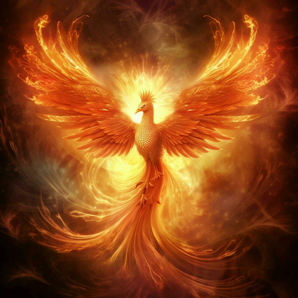 Phoenix bird with outstretched wings rising burning in flames. Epic phoenix bird fire rebirth power concept by AI Generated photo