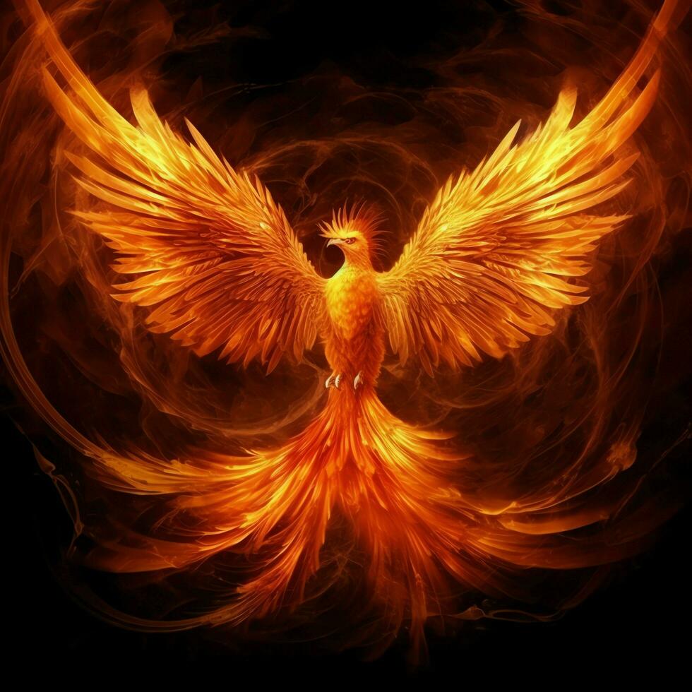 Phoenix bird with outstretched wings rising burning in flames. Epic phoenix bird fire rebirth power concept by AI Generated photo