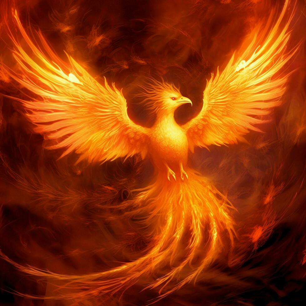 Phoenix bird with outstretched wings rising burning in flames. Epic phoenix bird fire rebirth power concept by AI Generated photo