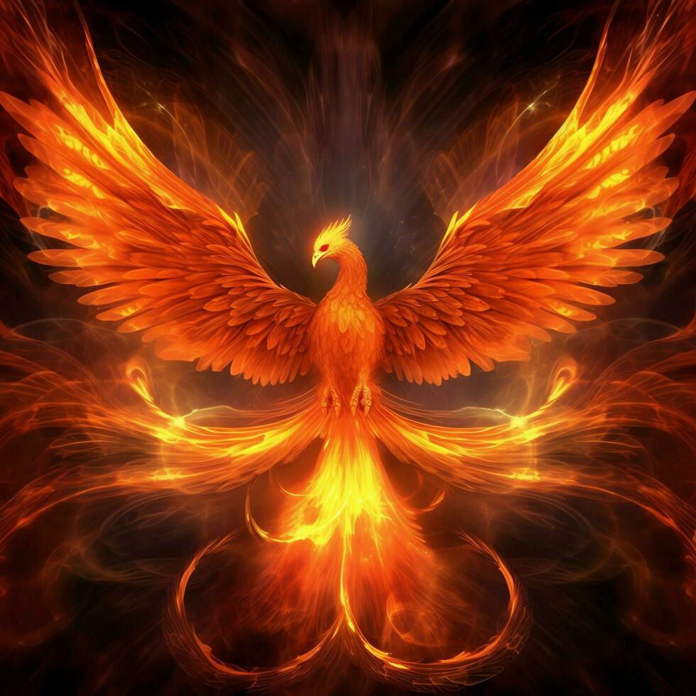 Phoenix bird with outstretched wings rising burning in flames. Epic phoenix bird fire rebirth power concept by AI Generated photo