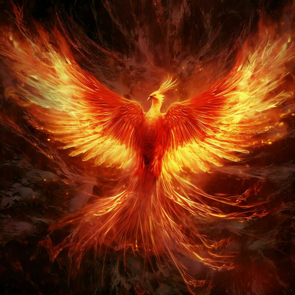 Phoenix bird with outstretched wings rising burning in flames. Epic phoenix bird fire rebirth power concept by AI Generated photo