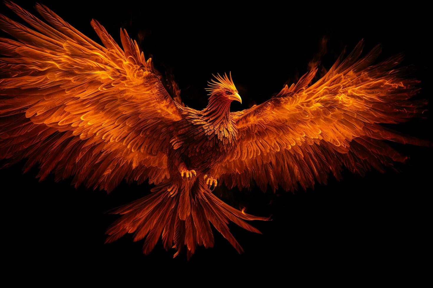 Phoenix bird with outstretched wings rising burning in flames. Epic phoenix bird fire rebirth power concept by AI Generated photo