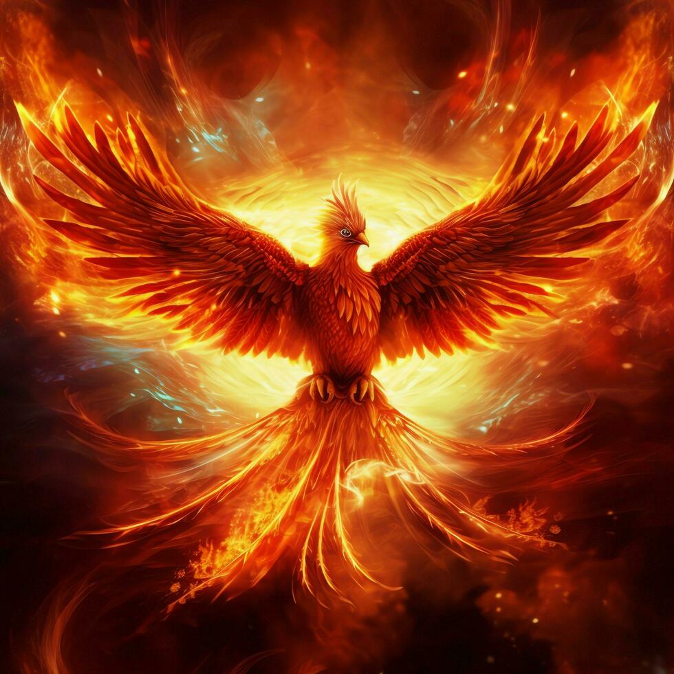 Phoenix bird with outstretched wings rising burning in flames. Epic phoenix bird fire rebirth power concept by AI Generated photo