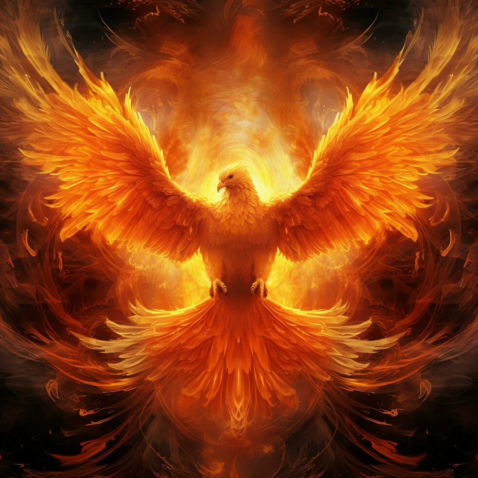 Phoenix bird with outstretched wings rising burning in flames. Epic phoenix bird fire rebirth power concept by AI Generated photo
