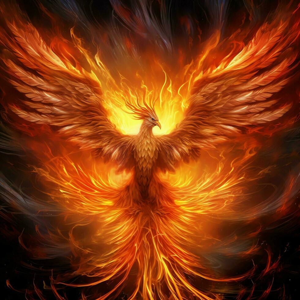 Phoenix bird with outstretched wings rising burning in flames. Epic phoenix bird fire rebirth power concept by AI Generated photo