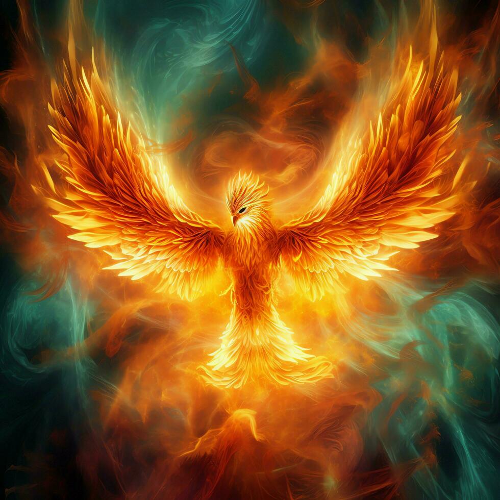 Phoenix bird with outstretched wings rising burning in flames. Epic phoenix bird fire rebirth power concept by AI Generated photo