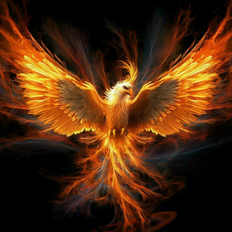 Phoenix bird with outstretched wings rising burning in flames. Epic phoenix bird fire rebirth power concept by AI Generated photo