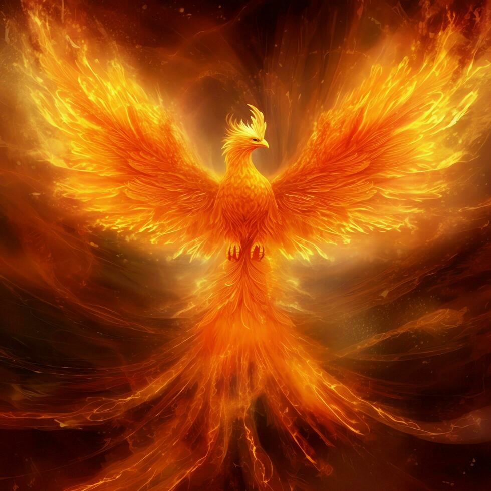 Phoenix bird with outstretched wings rising burning in flames. Epic phoenix bird fire rebirth power concept by AI Generated photo