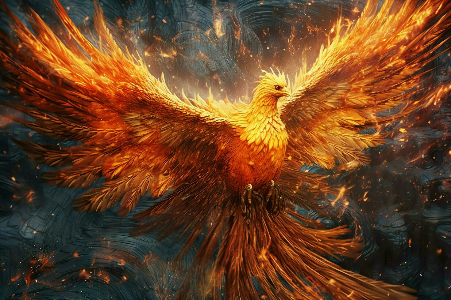 Phoenix bird with outstretched wings rising burning in flames. Epic phoenix bird fire rebirth power concept by AI Generated photo