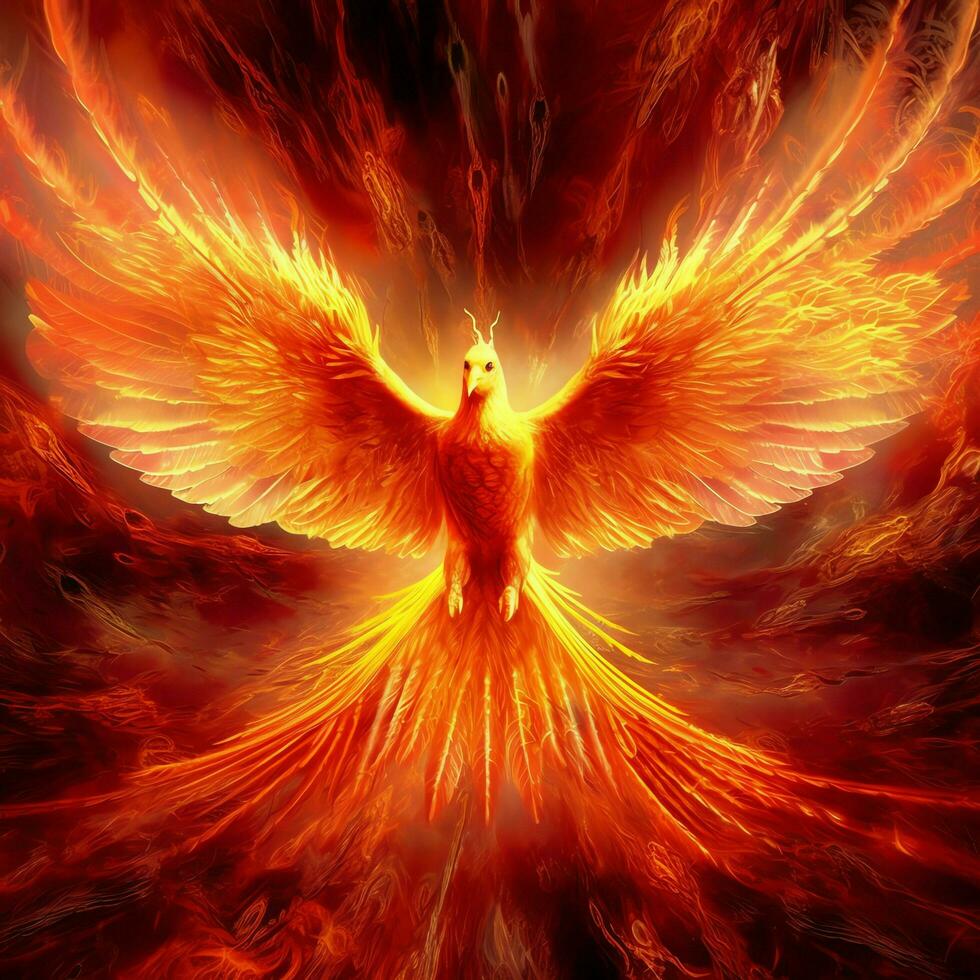 Phoenix bird with outstretched wings rising burning in flames. Epic phoenix bird fire rebirth power concept by AI Generated photo