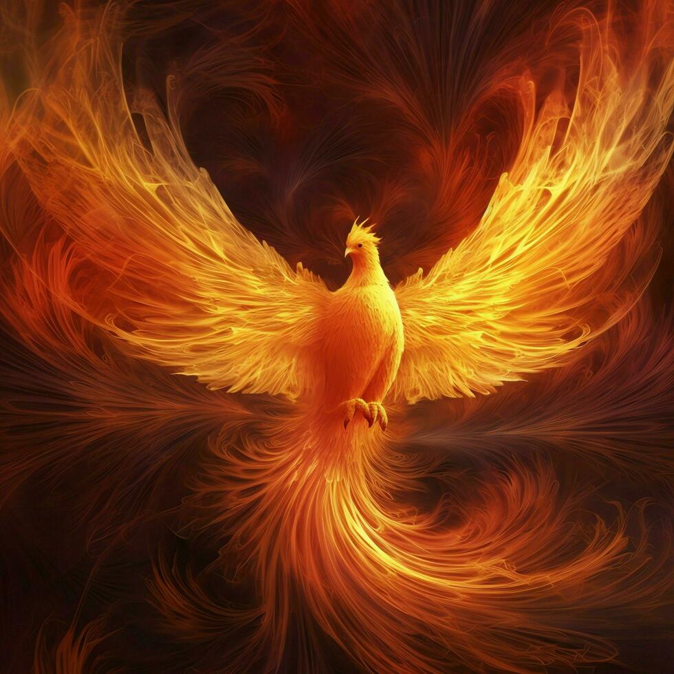 Phoenix bird with outstretched wings rising burning in flames. Epic phoenix bird fire rebirth power concept by AI Generated photo