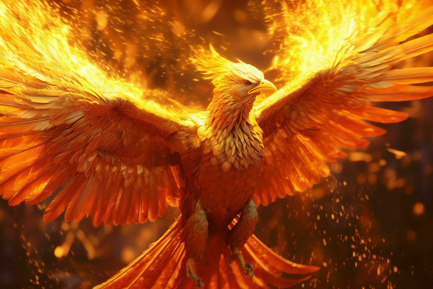 Phoenix bird with outstretched wings rising burning in flames. Epic phoenix bird fire rebirth power concept by AI Generated photo