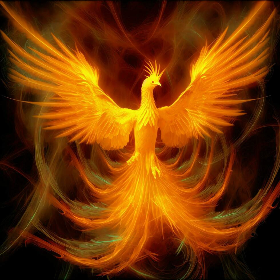 Phoenix bird with outstretched wings rising burning in flames. Epic phoenix bird fire rebirth power concept by AI Generated photo