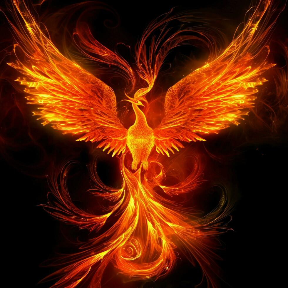 Phoenix bird with outstretched wings rising burning in flames. Epic phoenix bird fire rebirth power concept by AI Generated photo