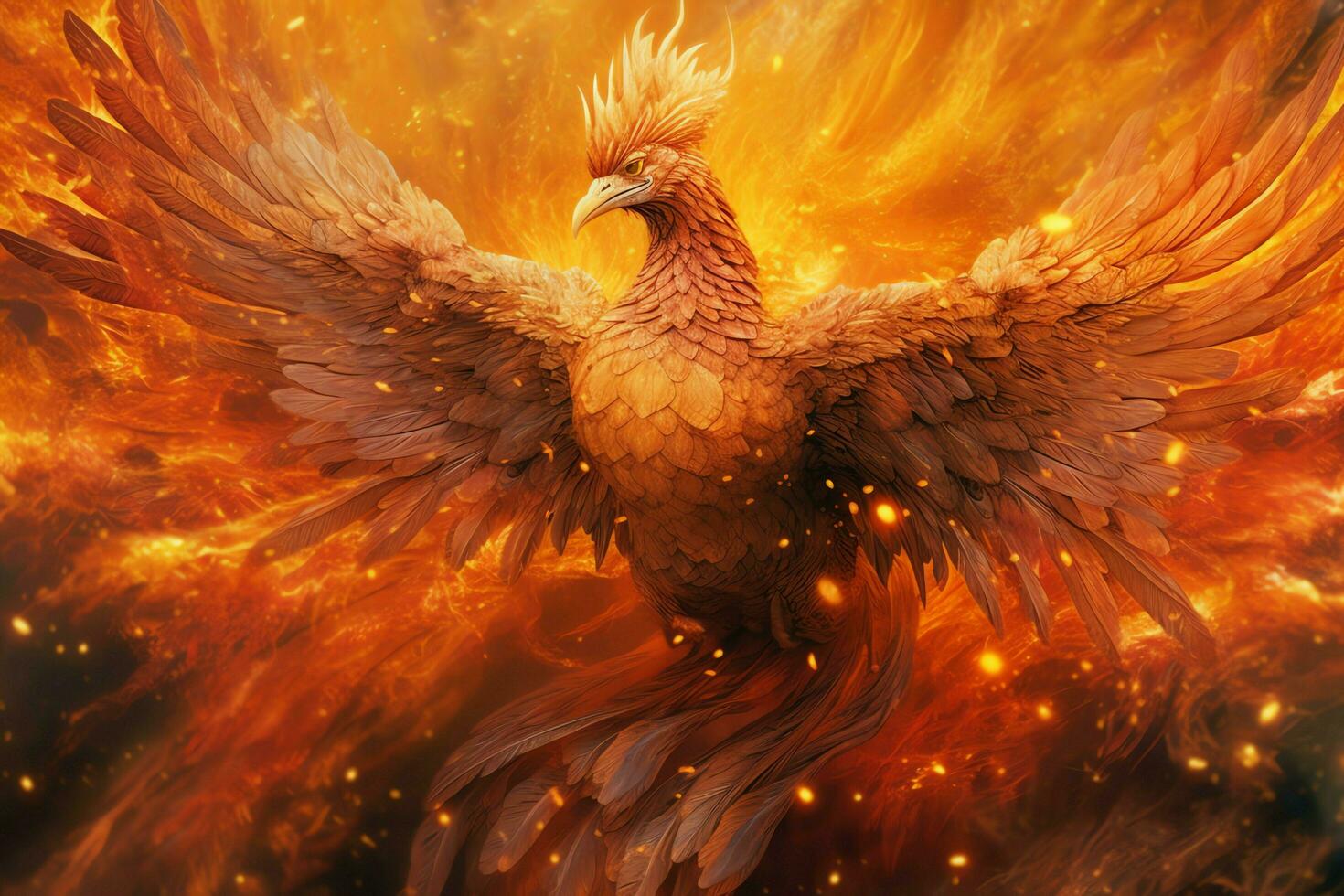 Phoenix bird with outstretched wings rising burning in flames. Epic phoenix bird fire rebirth power concept by AI Generated photo