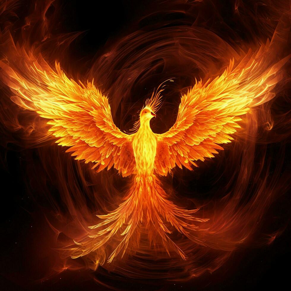 Phoenix bird with outstretched wings rising burning in flames. Epic phoenix bird fire rebirth power concept by AI Generated photo