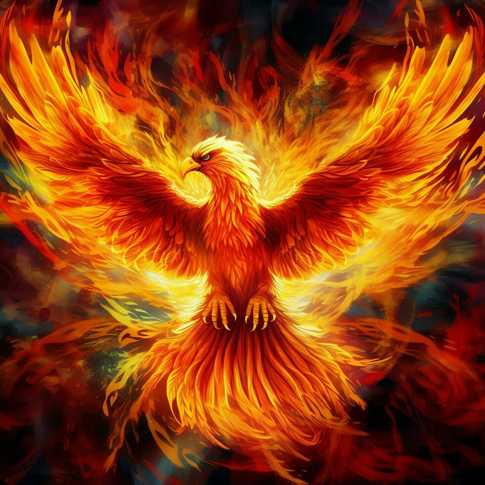 Phoenix bird with outstretched wings rising burning in flames. Epic phoenix bird fire rebirth power concept by AI Generated photo
