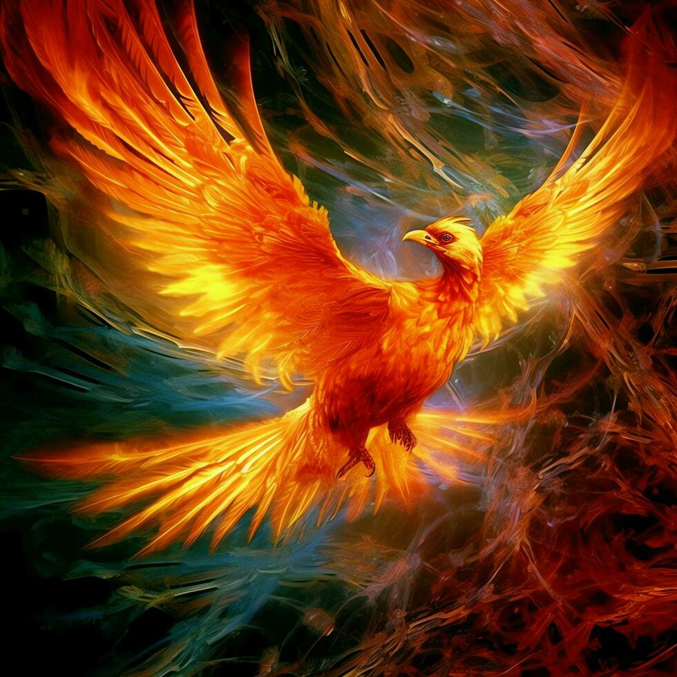 Phoenix bird with outstretched wings rising burning in flames. Epic phoenix bird fire rebirth power concept by AI Generated photo