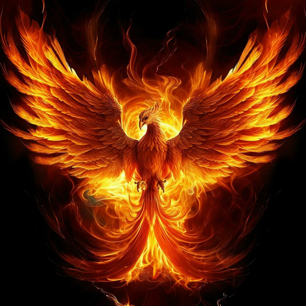 Phoenix bird with outstretched wings rising burning in flames. Epic phoenix bird fire rebirth power concept by AI Generated photo