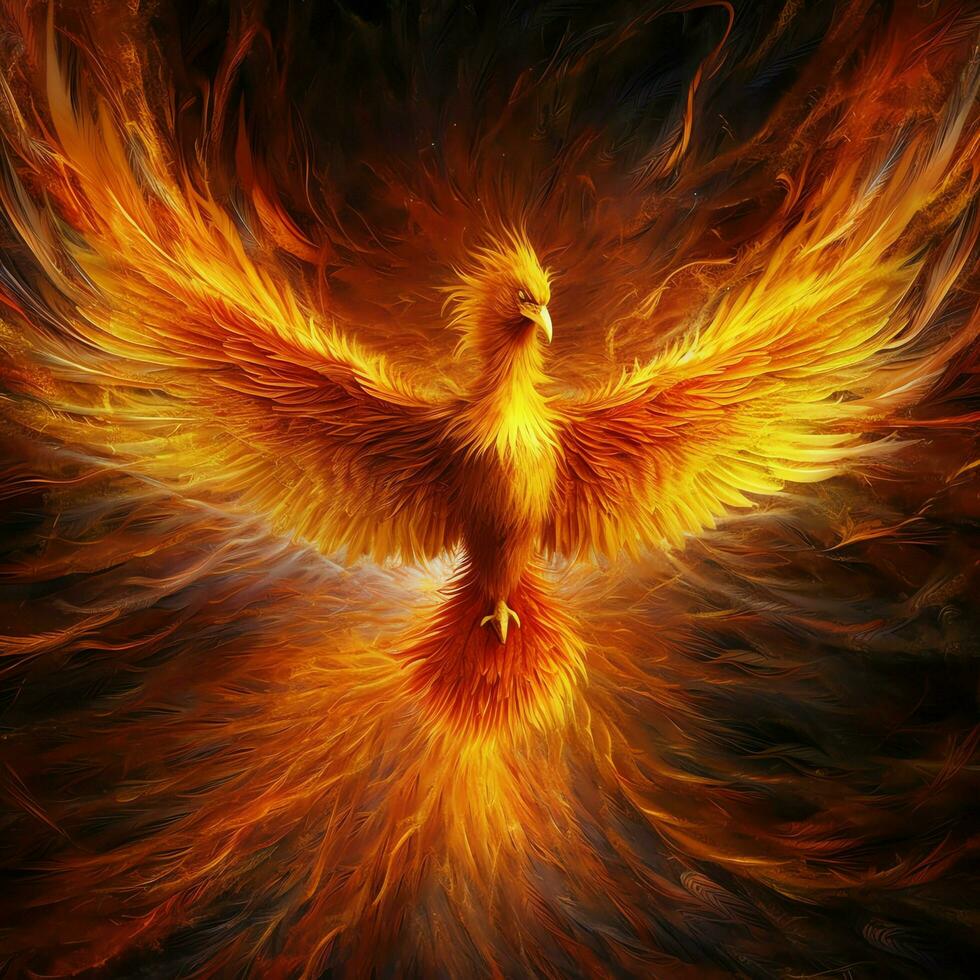 Phoenix bird with outstretched wings rising burning in flames. Epic phoenix bird fire rebirth power concept by AI Generated photo