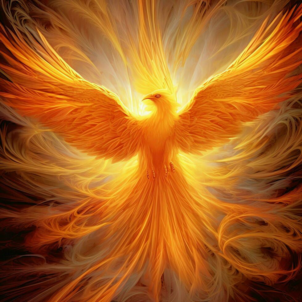 Phoenix bird with outstretched wings rising burning in flames. Epic phoenix bird fire rebirth power concept by AI Generated photo