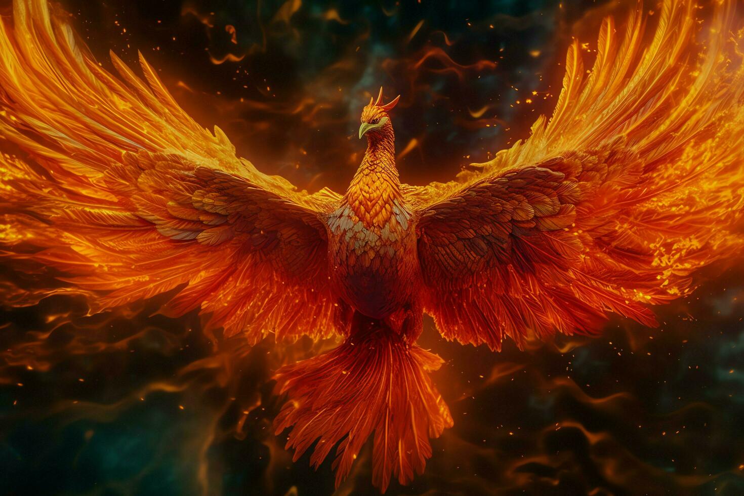 Phoenix bird with outstretched wings rising burning in flames. Epic phoenix bird fire rebirth power concept by AI Generated photo