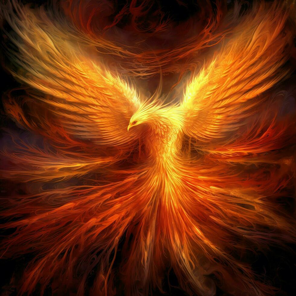 Phoenix bird with outstretched wings rising burning in flames. Epic phoenix bird fire rebirth power concept by AI Generated photo