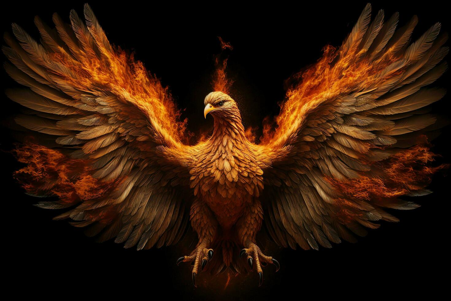 Phoenix bird with outstretched wings rising burning in flames. Epic phoenix bird fire rebirth power concept by AI Generated photo