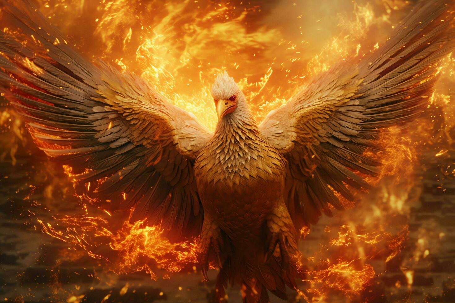 Phoenix bird with outstretched wings rising burning in flames. Epic phoenix bird fire rebirth power concept by AI Generated photo