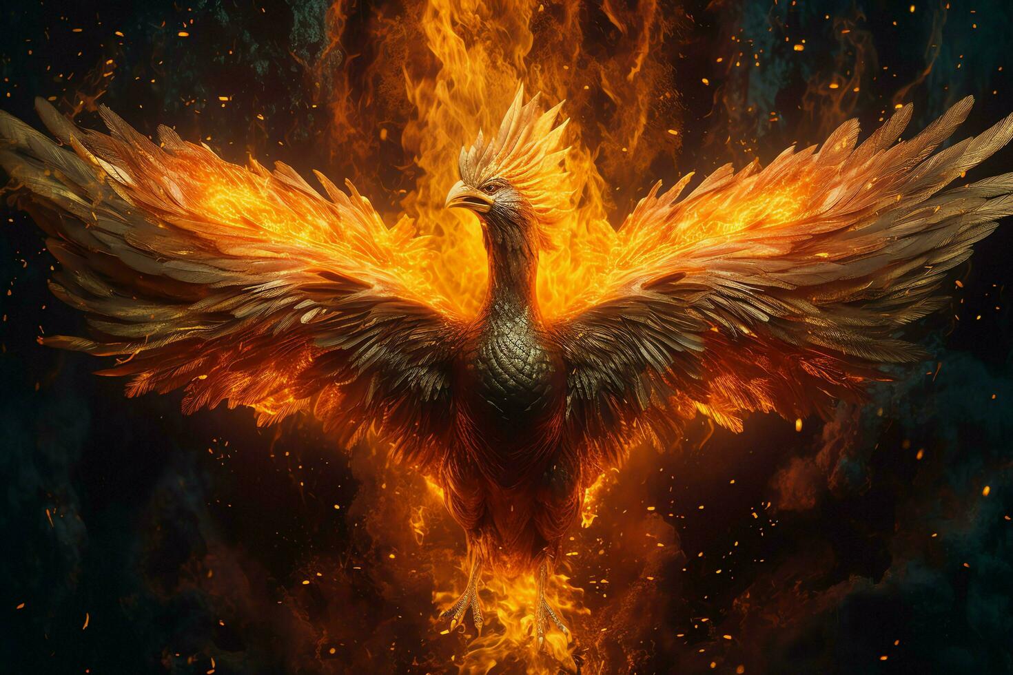 Phoenix bird with outstretched wings rising burning in flames. Epic phoenix bird fire rebirth power concept by AI Generated photo